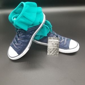 NWT,Blue and teal girls ruffled hi top Converse